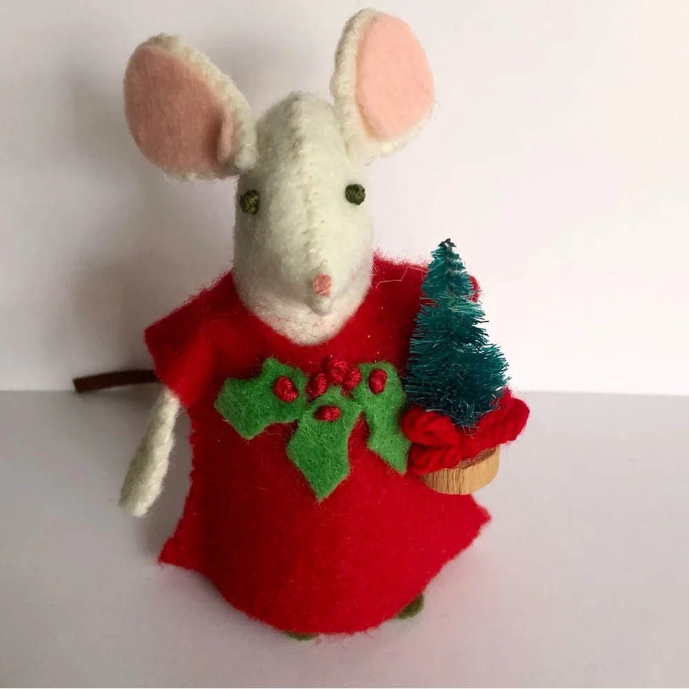 Holly Christmas felt Mouse ornament with green tree with bow hand-sewn handmade